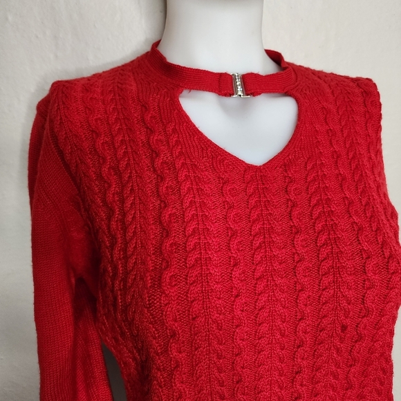 Cristina Mazzonett Italian Red Wool Sweater Size 12 Vintage Keyhole Neckline - Picture 5 of 10